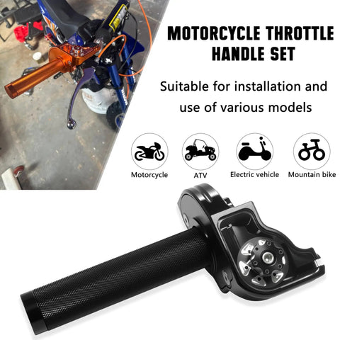 Seven Eighths Inch CNC Aluminum Quick Twister Throttle Grip With Cable for Dirt Bikes and ATVs, shown close-up in black.