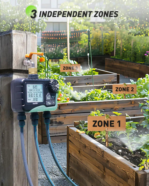 3 Zone Sprinkler Timer With Brass Inlet And IP65 Waterproof Housing displayed in garden with raised beds