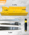 All In One 4 Piece Miter Box And Saw Set With A 2.68 By 12 Inch Box And Three Blades For Precise Miter And Bevel Cuts From Hardwood To Soft Metal Light Duty DIY Woodworking For Quick Clean Finishes showing yellow box and saw blades.