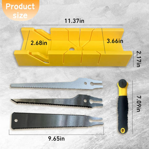 All In One 4 Piece Miter Box And Saw Set With A 2.68 By 12 Inch Box And Three Blades For Precise Miter And Bevel Cuts From Hardwood To Soft Metal Light Duty DIY Woodworking For Quick Clean Finishes showing yellow box and saw blades.