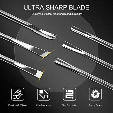 Ultra sharp blades from the six piece wood carving tools and kickass CRV steel chisel set showing fishtail designs for fine woodworking.
