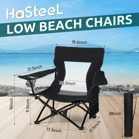 Two Pack Foldable Beach Chairs Set For Outdoors With Cup Holders and Storage Bags on wooden deck by the sea
