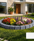 Faux Stone Landscape Edging Kit 15.5 Ft No Dig Border for lawn with flowers in circular arrangement near a house.