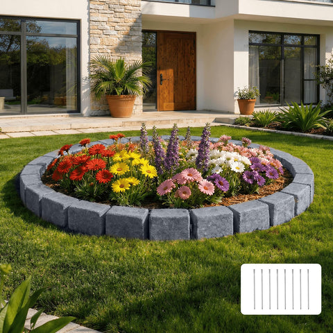 Faux Stone Landscape Edging Kit 15.5 Ft No Dig Border for lawn with flowers in circular arrangement near a house.
