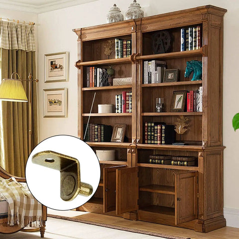 Premium L Shaped Cabinet Shelf Clips With 6mm Holes 40 Pack Bronze Metal Support Pegs for kitchen bookcase furniture shelf display.