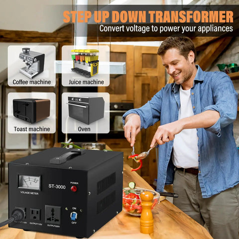 Beefy Step Up Down Voltage Transformer Converter With Built In Meter For 110V Or 220V Use, Circuit Breaker Protection, Heavy Duty Cord, Lightweight Yet Solid, Regulates Input From 85 To 130 Or 180 To 260 Volts To Output 110V Or 220V