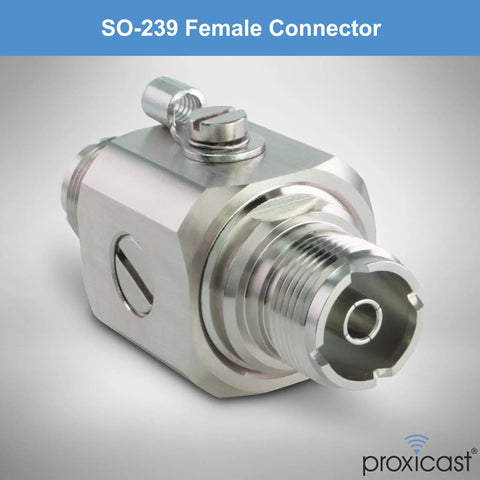 Coaxial Lightning Arrester And Surge Protector With UHF SO239 Female Connectors for RF ham radios and antennas, close-up view.