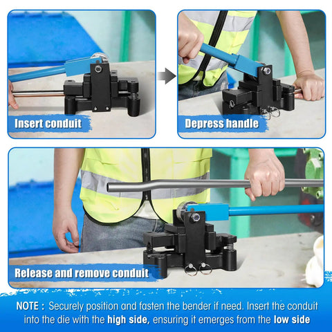 SDSNTE 2-In-1 Conduit Offset Bender For 1/2 Inch And Three Quarter EMT demonstrating insert and release process.