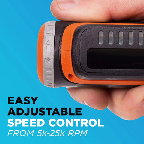 Versatile Cordless Rotary Tool With 35 Piece Accessory Kit 8V Max Power, showing easy adjustable speed control from 5k-25k RPM