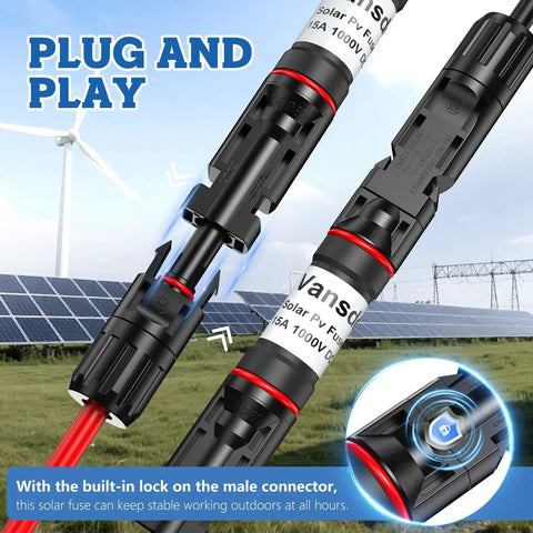 Five Piece Set Of Heavy Duty 15 Amp Solar Fuse Holders Inline With Class Two Overcurrent Guard, showing connectors and features.