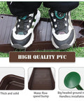 Close-up of Heavy Duty Gutter Downspout Splash Blocks To Keep Your Backyard Dry And Foundation Safe 16 Inch Brown Four Pack with shoes on it.