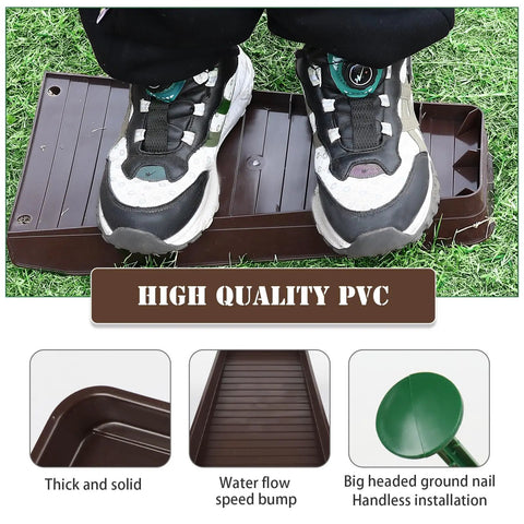 Close-up of Heavy Duty Gutter Downspout Splash Blocks To Keep Your Backyard Dry And Foundation Safe 16 Inch Brown Four Pack with shoes on it.