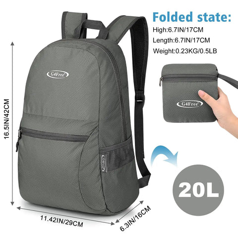 Lightweight 20L Packable Backpack For Travel And Hiking Foldable Daypack For Men And Women, durable nylon, shown folded and unfolded.