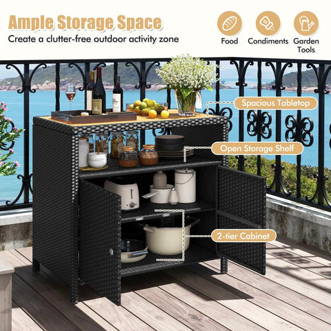Outdoor Wicker Bar Cabinet With PE Rattan Construction, Durable Acacia Wood Countertop, Open Shelf And Two Doors on patio