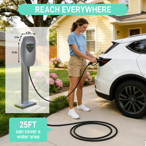 Person using Portable 40 Amp NEMA 14 50 EV Charger With 9.6 kW Fast Charging, 25 Ft Cable, Plug And Play Ready outdoors