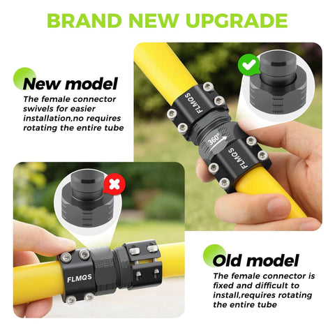 Fix Your Leak In No Time With This Heavy Duty 3/4 Inch Garden Hose Repair Kit Featuring Upgraded Aluminum Clamps And Extra Washers For A Total Zero Leak Fix. new swivel female connector on yellow hose with aluminum clamps