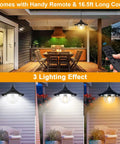 Kick Up Your Backyard Vibe With This Dope Solar Shed Light Featuring Dual Motion Sensors For Indoor And Outdoor Use With Smart Day And Night Modes To Keep The Space Lit Solid And Ready For Any Project Without Breaking The Bank. Image showcases solar shed light in three lighting effects and handy remote.