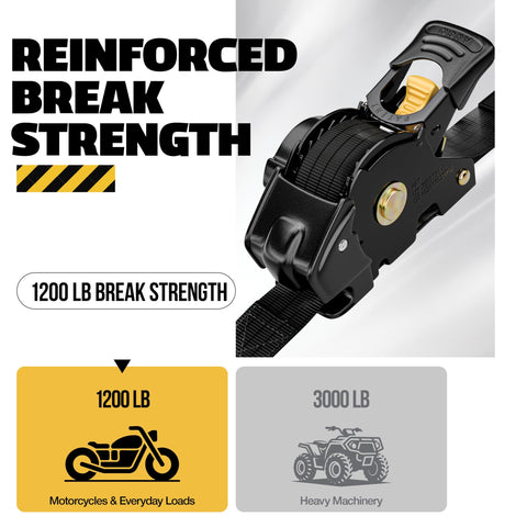 Heavy Duty Retractable Ratchet Straps 4 Pack With Soft Loops And Storage Bag Self Retracting Tie Down Straps For Motorcycle Truck Trailer Or Cargo Van 1200 Pound Break Strength 1 Inch By 10 Feet with 1200 lb break strength label