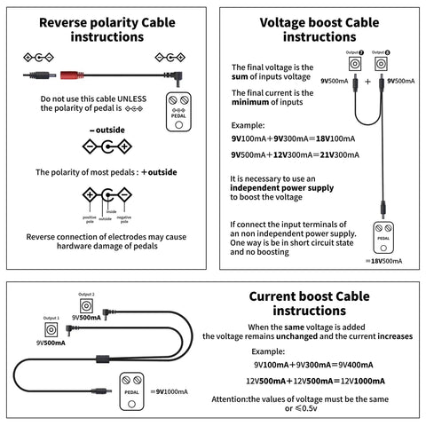 Diagram showing cable instructions for Eight Channel Isolated Pedal Power Supply With 9V 12V 15V 18V Outputs And 5V USB.