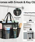 Must Have Portable Shower Caddy For Dorm Life With 8 Pockets S Hook Storage Bag For Toiletries shown hanging with S-hook and key clip