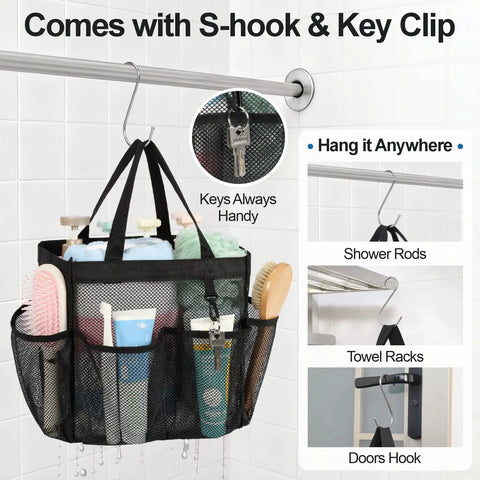 Must Have Portable Shower Caddy For Dorm Life With 8 Pockets S Hook Storage Bag For Toiletries shown hanging with S-hook and key clip