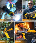 16 Inch Extreme Heat Resistant Leather Welding Gloves With Kevlar Reinforcement And Double Stitching For Mig Tig Stick Welding, Forge, Bbq, Grill, Fireplace, Wood Stove, Furnace, Oven And Safe, Loving Pet Care shown in various uses like welding and grilling