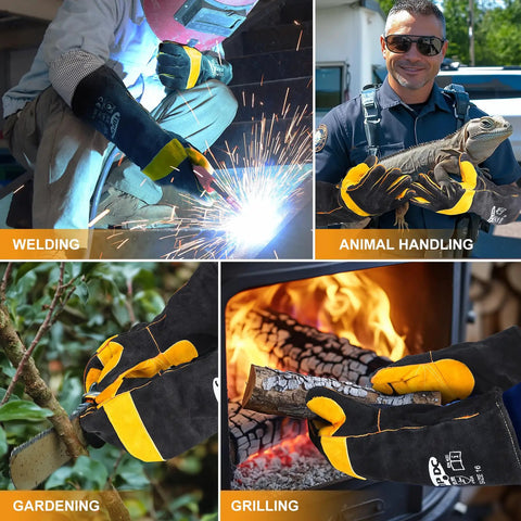 16 Inch Extreme Heat Resistant Leather Welding Gloves With Kevlar Reinforcement And Double Stitching For Mig Tig Stick Welding, Forge, Bbq, Grill, Fireplace, Wood Stove, Furnace, Oven And Safe, Loving Pet Care shown in various uses like welding and grilling