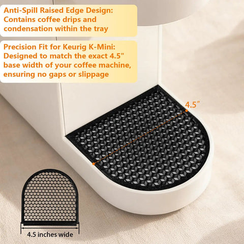 Replacement Drip Tray Cover for Keurig K Mini 4.5 Inch Base Protector Snap On Easy Clean Spill Guard shown installed on machine