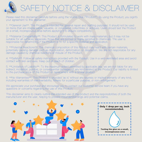 Safety notice and disclaimer for 30g Glass Glue That Delivers A Fast, Rock Solid Bond For Glass, Acrylic, Mirror And More, Waterproof, Dries Clear, Quick Cure, Ideal For Crafting, Jewelry, Rhinestones, Crystals, Glasses And DIY Projects.