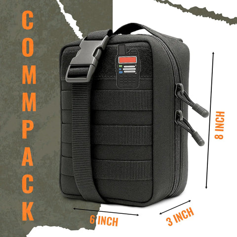 Compact Go Bag For Ham Radio With Tear Away Hook And Loop Back MOLLE Compatible Multi Pocket Gear Carrier, black, side view