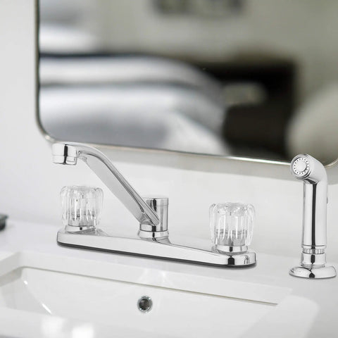 Two Handle Kitchen Faucet With Side Spray In Polished Chrome For Easy Control And Quick Cleanup Durable Brass Construction