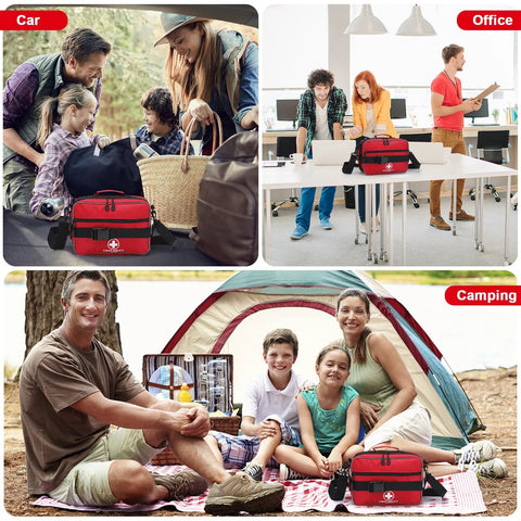 Poygik red large first aid kit with black straps for car use, 420-piece emergency medical kit.
Poygik red large first aid kit on office desk with coworkers; 420-piece emergency medical kit.
Poygik red large first aid kit at campsite with family near tent; 420-piece emergency medical kit.