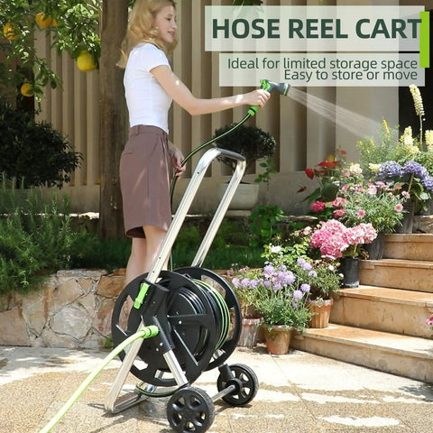 Woman using All Weather Garden Hose Reel Cart With Wheels Holds Seventy Five To One Hundred Fifty Feet Of Five Eighths Inch Hose