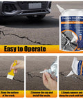 Self Leveling Concrete Crack Filler Quick Cure Cement Sealant For Driveways Patios Easy Fix Gray Waterproof Outdoor Joint Caulk No Sweat Two Pack Heavy Duty Repair Glue showing usage steps on cracked asphalt.