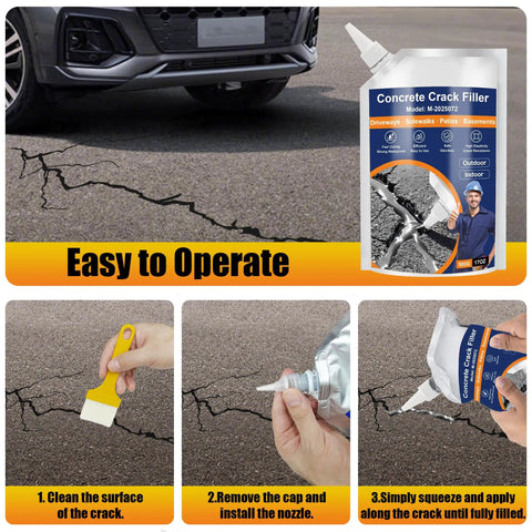 Self Leveling Concrete Crack Filler Quick Cure Cement Sealant For Driveways Patios Easy Fix Gray Waterproof Outdoor Joint Caulk No Sweat Two Pack Heavy Duty Repair Glue showing usage steps on cracked asphalt.