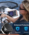 Rock Solid 100W PD 3.0 USB C Car Charger on boat console with driver, showcasing waterproof and dustproof features.