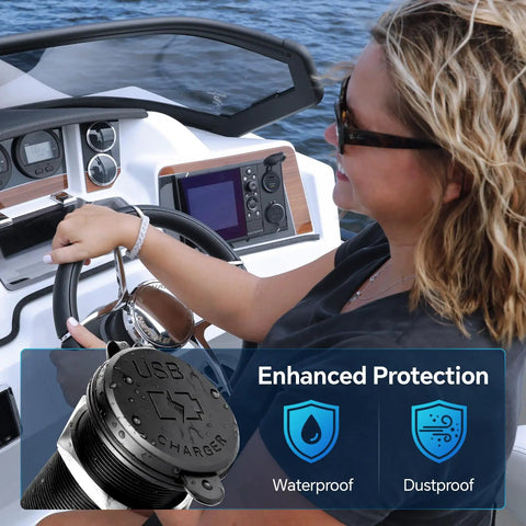 Rock Solid 100W PD 3.0 USB C Car Charger on boat console with driver, showcasing waterproof and dustproof features.