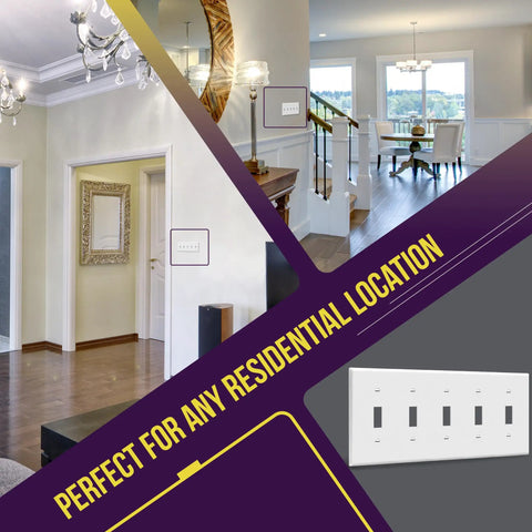 Five Gang Toggle Light Switch Wall Plate With Gloss Finish Built To Last Tough As Nails Durable Unbreakable Polycarbonate Thermoplastic 4.5 By 10.03 Inches Heat And Fade Resistant UL Listed White, installed in a living room.