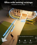 Diagram showing 220-degree sensing angle and adjustable distances for Motion Sensor Outdoor Wall Lantern in Black With Dusk To Dawn LED Exterior Sconce, Waterproof Aluminum, Modern Anti Rust Street Ready Wall Mount Light For Porch Entryway Garage Front Door, 120V Hardwired.