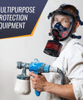 Man wearing full-face mask with Top Notch Activated Carbon RD40 40mm Gas Mask Replacement Filter Canister for protection.