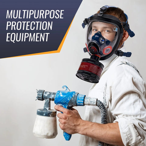 Man wearing full-face mask with Top Notch Activated Carbon RD40 40mm Gas Mask Replacement Filter Canister for protection.