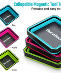 Magnetic Foldable Parts Tray Set, 3 Pack Collapsible Silicone Tool Trays With Double Sided Magnetic Base in blue, purple, green.
