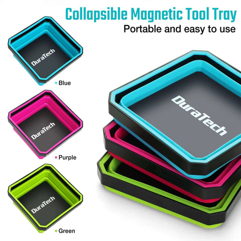 Magnetic Foldable Parts Tray Set, 3 Pack Collapsible Silicone Tool Trays With Double Sided Magnetic Base in blue, purple, green.