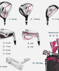 Women's Complete Golf Club Set With Stand Bag Right Handed 11 Piece Including Driver Wood Hybrid Irons Sand Wedge Putter And 3 Headcovers Lightweight Carbon Shafts For Easy Fatigue Free Swings And Best Bang For Your Buck Value with labeled clubs and bag.