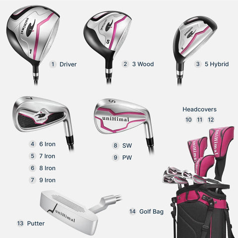 Women's Complete Golf Club Set With Stand Bag Right Handed 11 Piece Including Driver Wood Hybrid Irons Sand Wedge Putter And 3 Headcovers Lightweight Carbon Shafts For Easy Fatigue Free Swings And Best Bang For Your Buck Value with labeled clubs and bag.