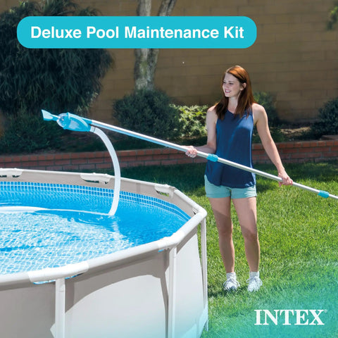 Woman using Deluxe Above Ground Pool Maintenance Kit with Vacuum for 800 GPH Flow Rate, 110 Inch Pole, 24 Foot Hose Color May Vary