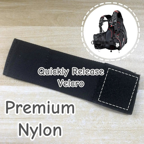 Durable Nylon Diving Scissors Strap Pouch For BCDs And Gear Belts Quick Mount, showing velcro strap and BCD.