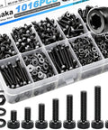 Top Shelf 1016 Piece M2.5 Hex Socket Screw Kit With Nuts And Washers showing assorted bolts, nuts, and washers in a clear organizer.