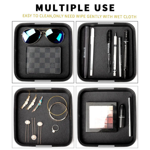 Luxury Leather Desktop Tray With Metal Accents holding sunglasses, pens, jewelry, cosmetics; multiple uses displayed in four sections
