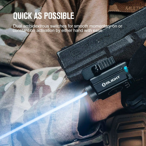 Person holding Baldr S Blue Beam Tactical Flashlight With 800 Lumens White LED on camo gear rail, blue beam active